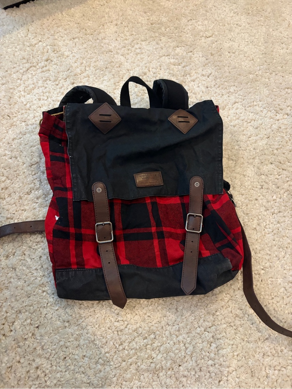 American Eagle Outfitters Red and Black Plaid Canvas Backpack with Brown Straps